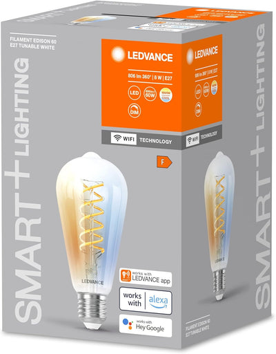 LEDVANCE SMART+ WIFI LED-Lampe, Weissglas, 8W, 806lm, Edison-Form mit 64mm Durchmesser & E27, reguli