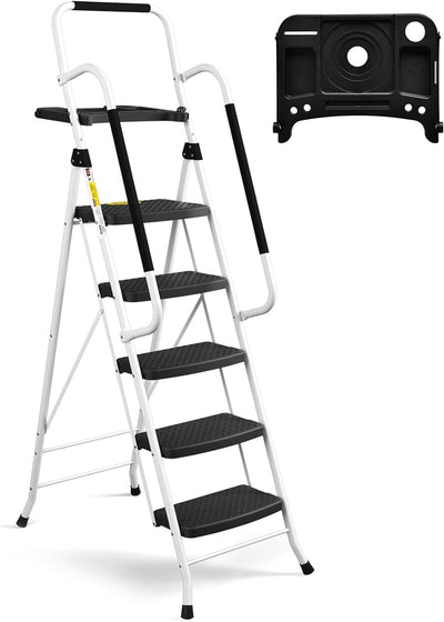 HBTower 5-Stufen-Leiter mit Handläufen, Klappbarer Tritthocker mit Breitem Anti-Rutsch-Pedal, Stabil
