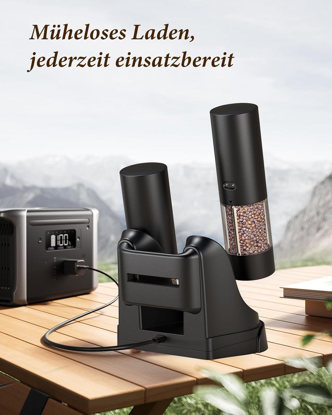 WONMAKE Salz und Pfeffermühle Elektrisch, Elektrische Gewürzmühle Set USB Wiederaufladbar Keramikmah