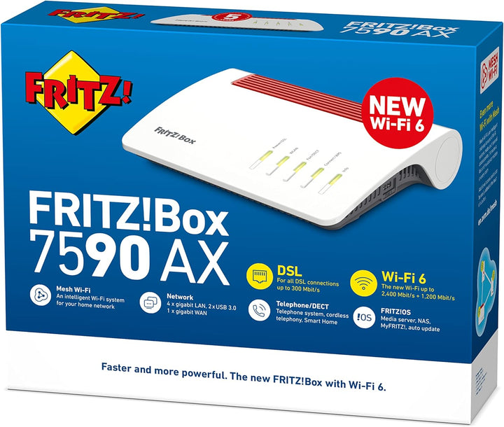 AVM FRITZ!Box 7590 AX International (DSL/VDSL WLAN Router mit Wi-Fi 6, 2.400 MBit/s (5GHz) & 1.200 M
