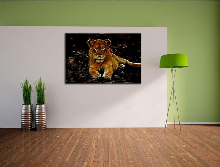 Dark Löwin ruht auf Boden Deluxe Format: 100x70 cm auf Leinwand, XXL riesige Bilder fertig gerahmt m