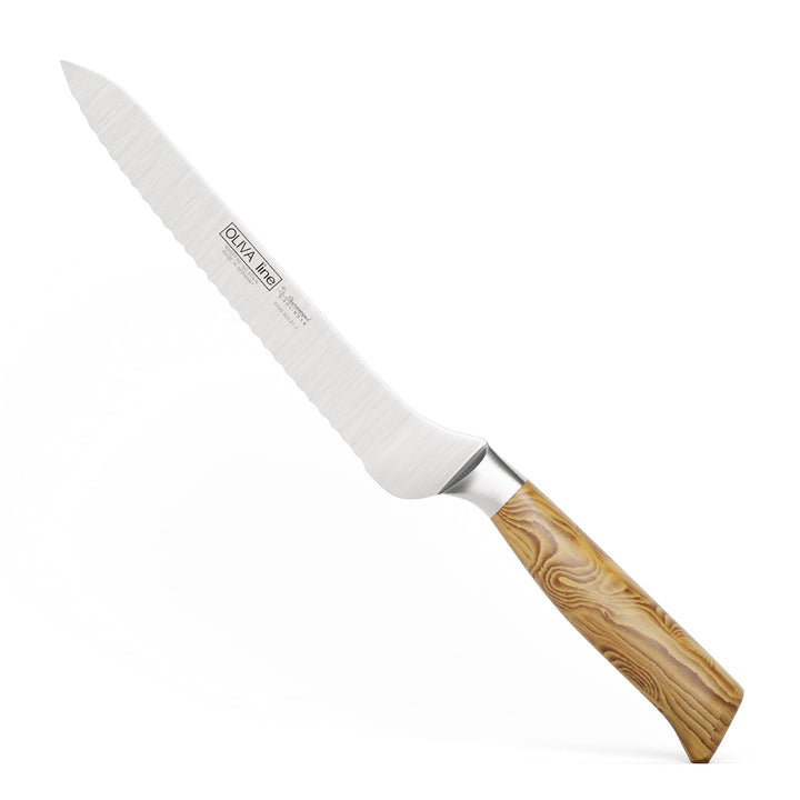 Burgvogel Solingen Brotmesser 20 cm geschmiedet Olivenholz, Oliva Line, Wellenschliff, rostfrei, hel