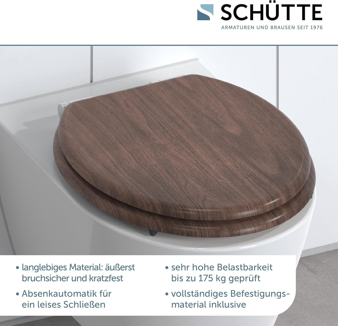 SCHÜTTE WC-Sitz DARKWOOD mit Absenkautomatik aus Holz, hochwertiger Toilettendeckel mit 175kg Belast