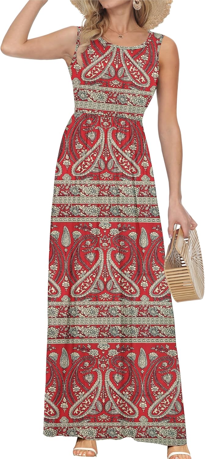 AUSELILY Damen Sommer Ärmelloses Lockeres Maxikleid Lässiges Langes Kleid mit Taschen Boho Blumen Ro