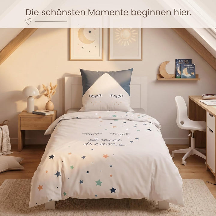 Sterne Mädchen-Bettwäsche Set · Kinderbettwäsche Sweet Dreams · Wende Motiv Wimpern · 2 teilig - Kis
