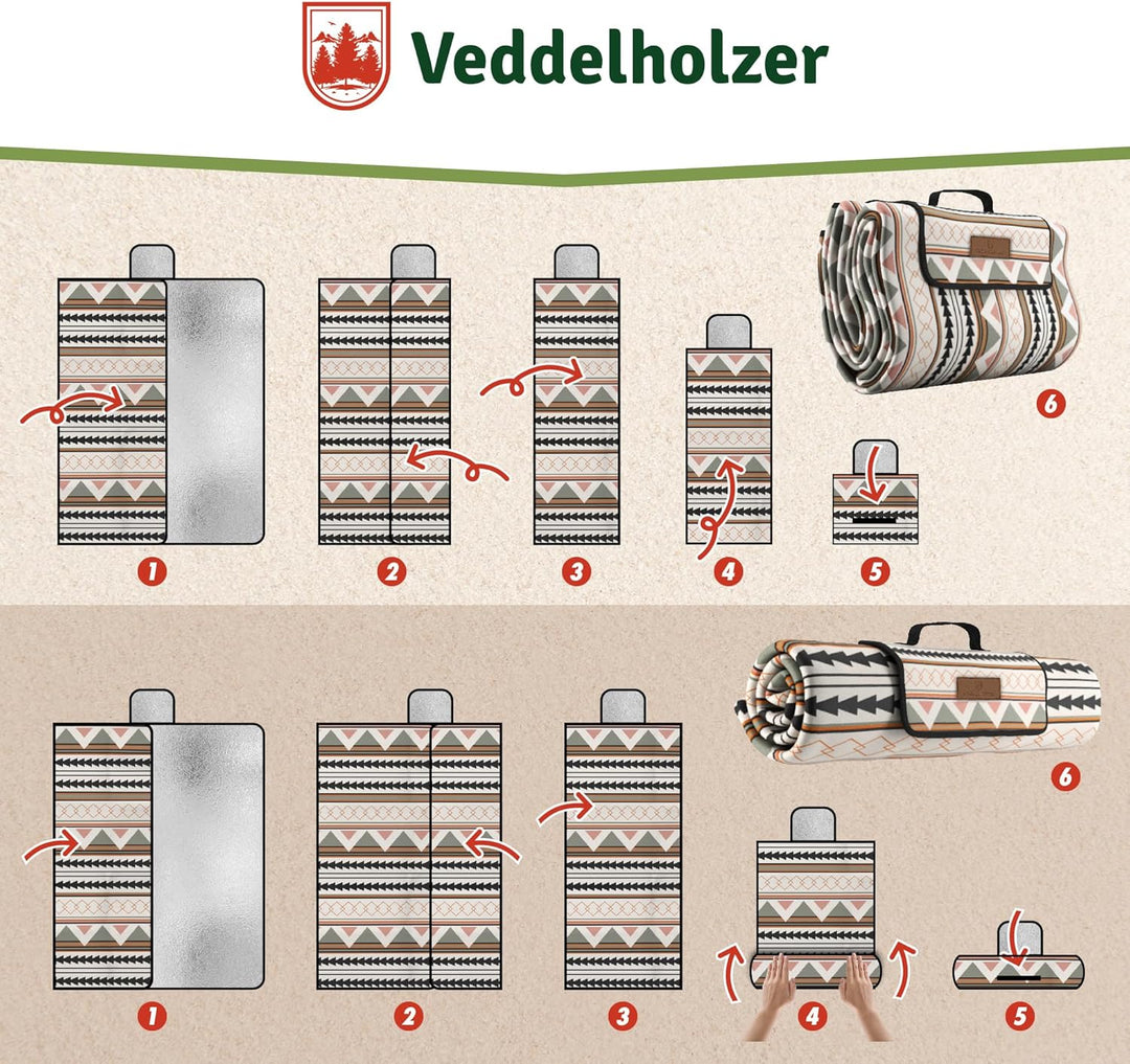 Veddelholzer 200 x 200 cm Boho Picknickdecke wasserdicht, sandfeste Stranddecke XXL isoliert & gepol