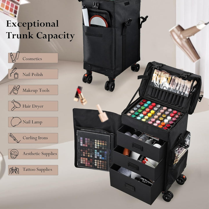 Kosmetikkoffer Make up 4 in 1 Friseurkoffer Nagelkoffer mit 3 Schubladen Beauty Case Koffer mit Roll