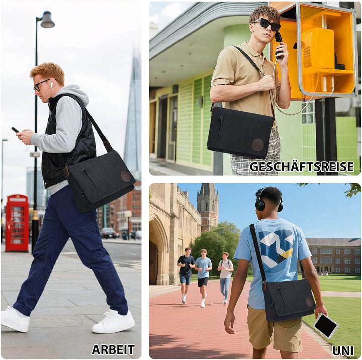 Leathario Umhängetasche Herren 14 Zoll, Messenger Bag aus Echtleder und Canvas, Arbeitstasche Studen
