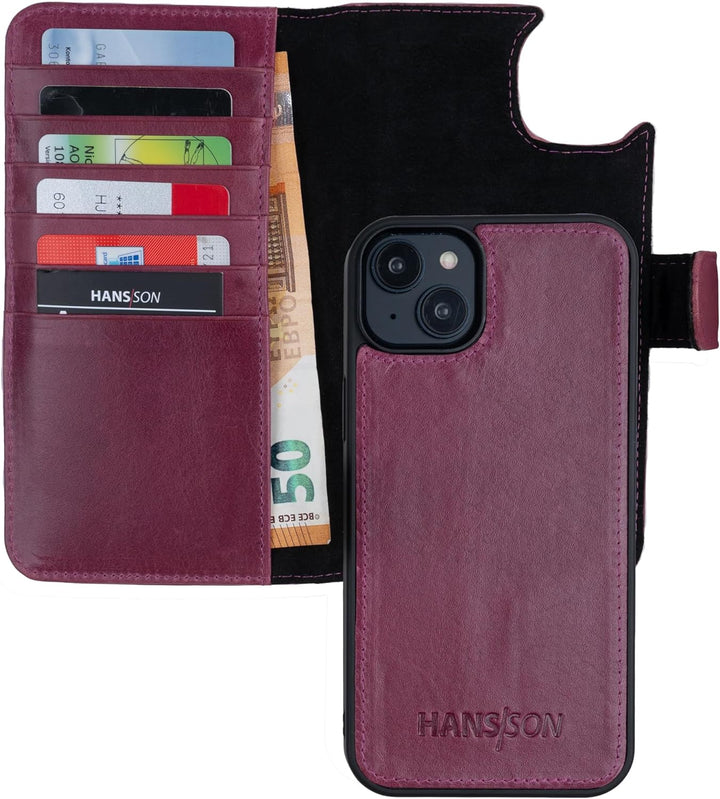 HANS/SON Lederhülle mit Kartenfächern | iPhone 14 | Echtleder | 6,1 Zoll | Schmal | Klapphülle | Sto