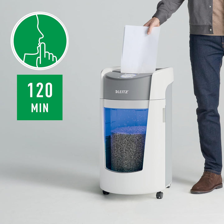 Leitz IQ Set OptiMax Office P5 Aktenvernichter mit Mikroschnitt, 10 Blatt, Rotierender Behälter für