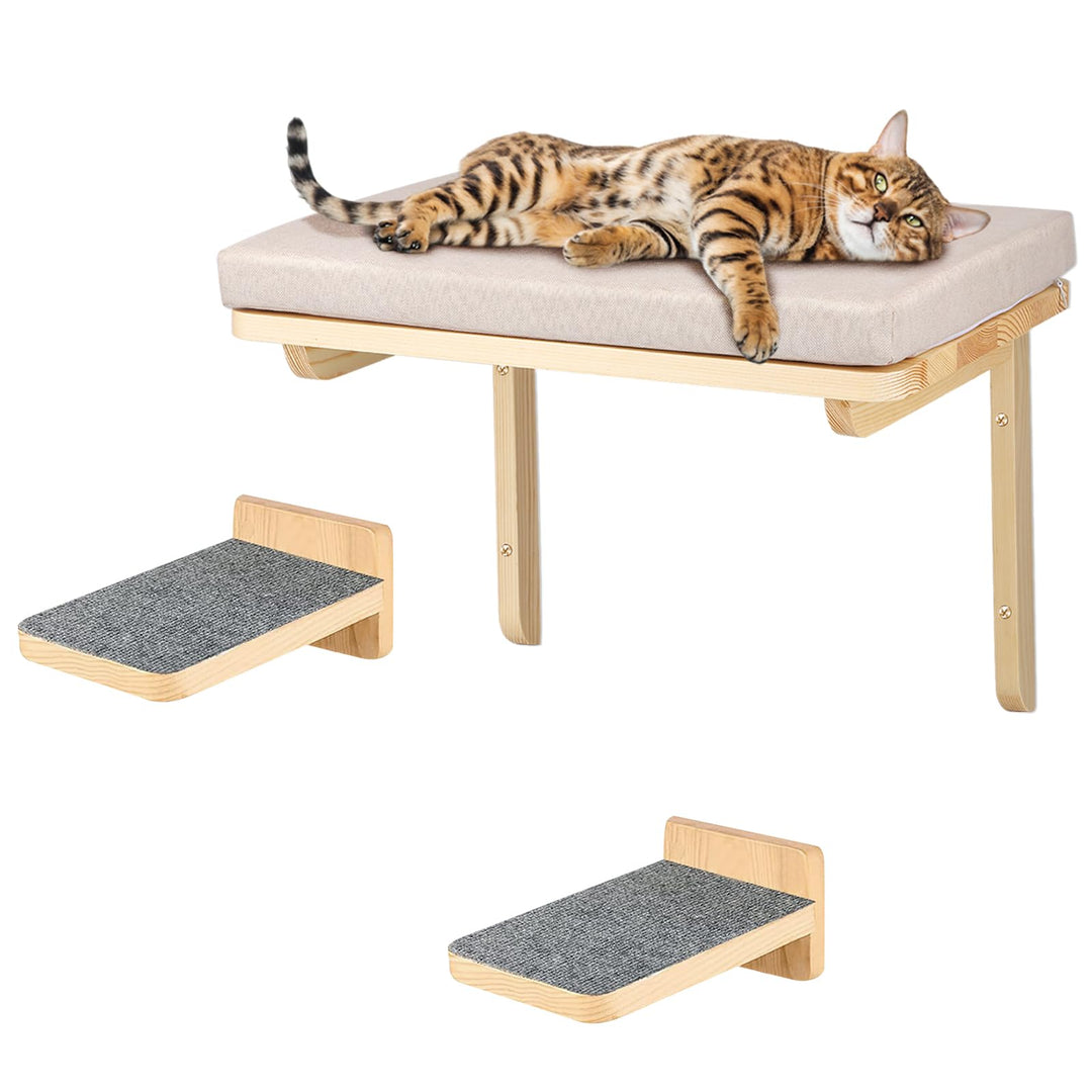 Kletterwand Katzen, Katzen Wandliege mit 2 Treppen, 40x30cm Liegefläche, Abnehmbarer Bezug, Holzrahm