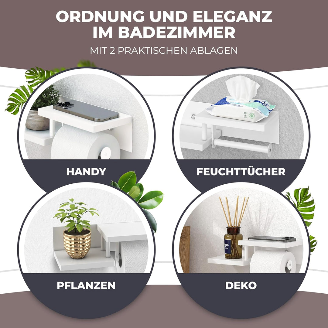 Toilettenpapierhalter Holz Bambus komplett weiss [KLEBEN oder Bohren] | hochwertiger Klopapierhalter