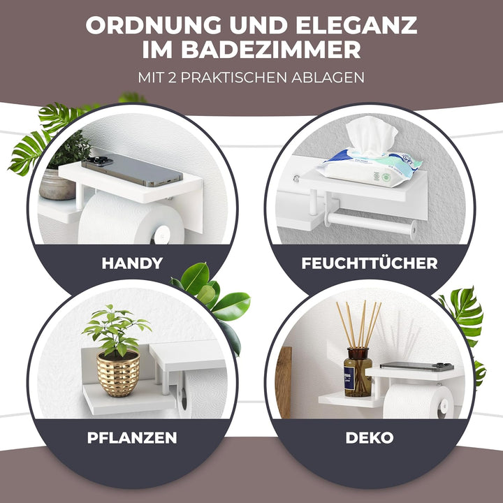 Toilettenpapierhalter Holz Bambus komplett weiss [KLEBEN oder Bohren] | hochwertiger Klopapierhalter