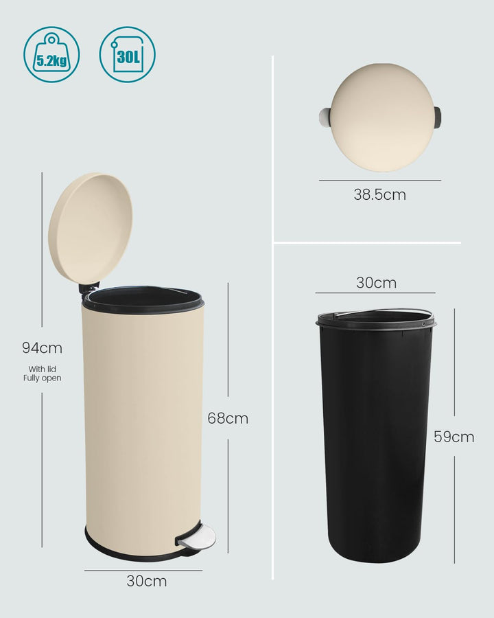 Mülleimer 30 L Treteimer mit Soft Close Deckel, Abfalleimer 30 Liter mit Fusspedal, Rund Mülleimer m