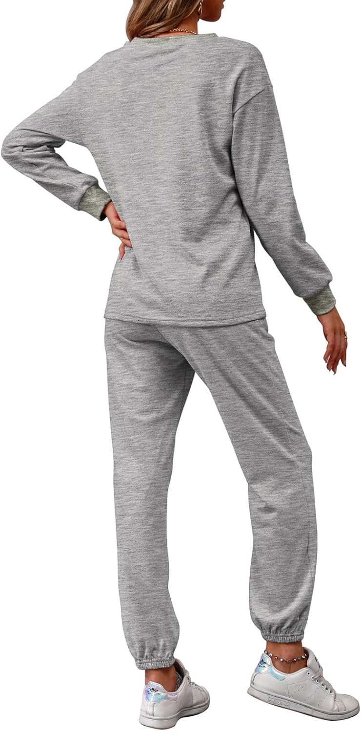 REORIA Damen Tracksuit Langarm Rundhalsausschnitt Einfarbig Zweiteiler Outfit Hoodie Jogger Training