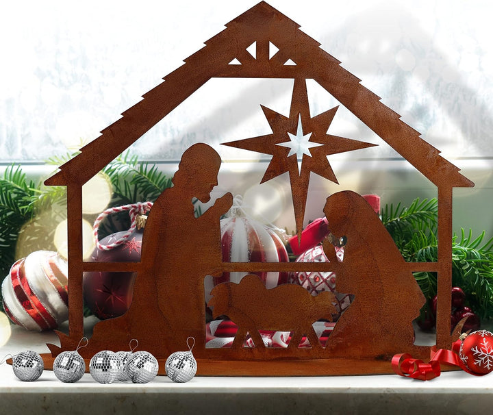 Rostikal Krippe Weihnachten Deko Weihnachtskrippe mit Figuren Weihnachtsdeko Bethlehem auf Bodenplat
