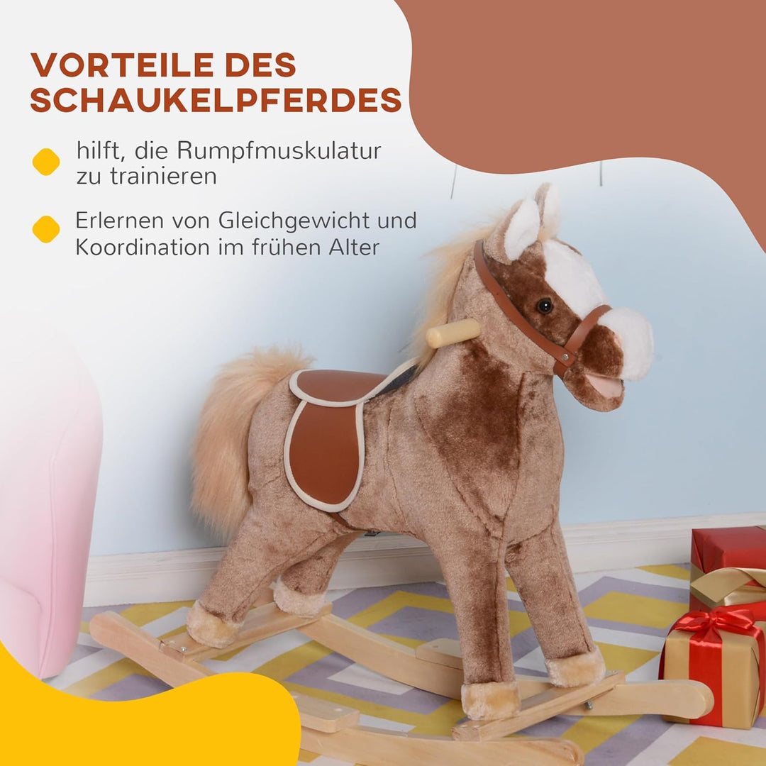 HOMCOM Schaukelpferd Schaukeltier mit Haltegriffen Plüsch Baby Schaukel Schaukelsitz für Kinder ab 3