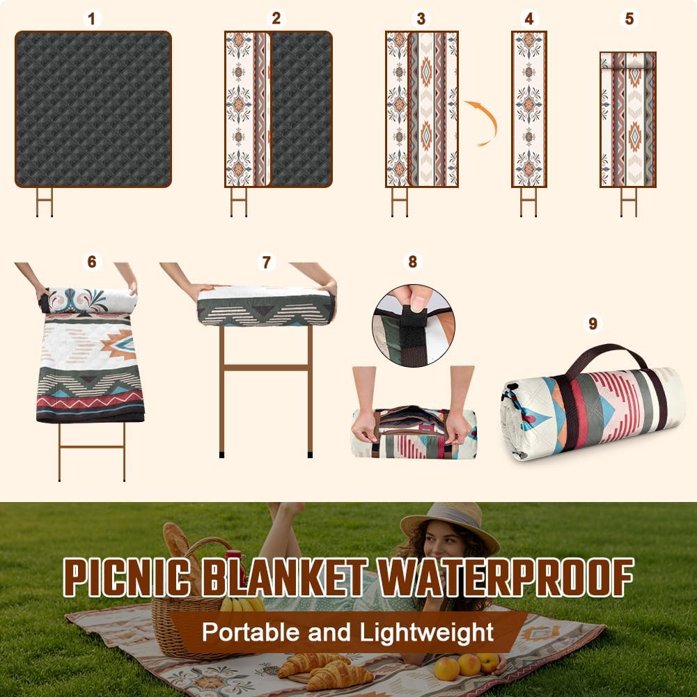 AUAUY Picknickdecke Boho Wasserdicht, 200x200cm, mit Tragegurt, Blau | Maschinenwaschbar Faltbar Str