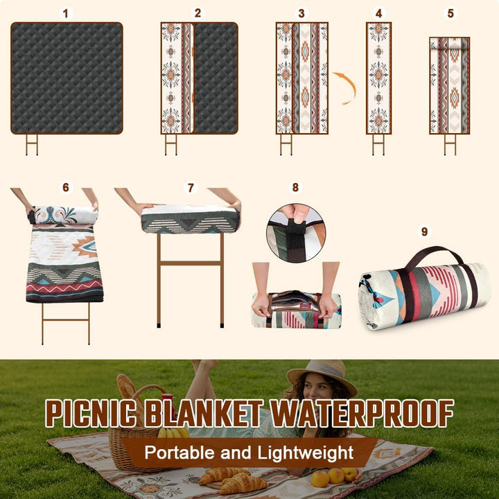 AUAUY Picknickdecke Boho Wasserdicht, 200x200cm, mit Tragegurt, Blau | Maschinenwaschbar Faltbar Str