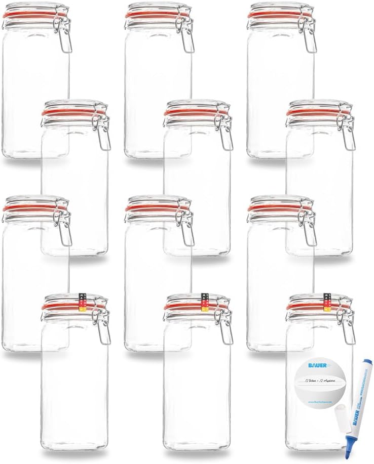 Flaschenbauer- 12 Drahtbügelgläser 1550ml verwendbar als Einmachglas und Fermentierglas, zu Aufbewah