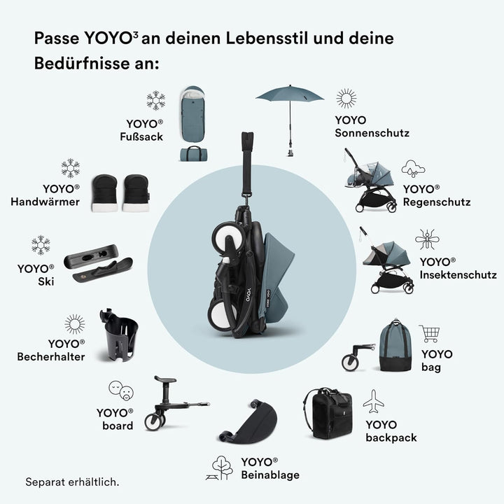 Stokke YOYO3 Gestell (Schwarz) mit 0+ Neugeborenen Set (Aqua) - Inklusive Matratze, Fünfpunktgurt, a