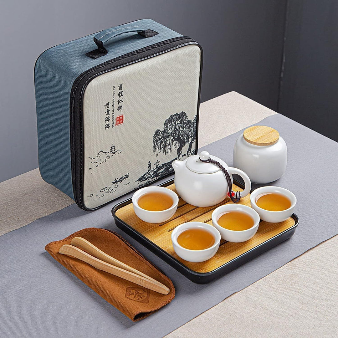 Teekanne Sets, Chinesisches Kungfu Teeservice, Keramik Teekanne mit 4 Tassen und Teedose Tablett, Al