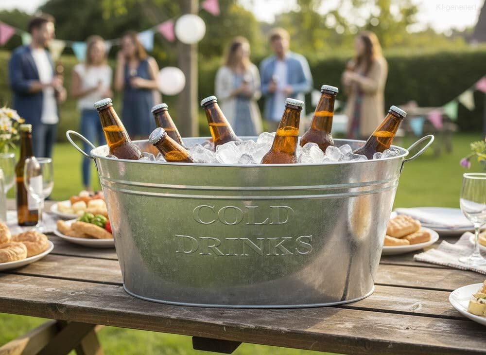 zeitzone Getränkekühler Zinkwanne XL Cold Drinks Grosser Sektkühler mit Henkel für Flaschen Gartenpa