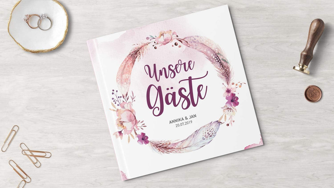 DeinWeddingshop Gästebuch Hochzeit - personalisiert - Hochzeitsgästebuch, Hardcover 21x21 cm (Inhalt