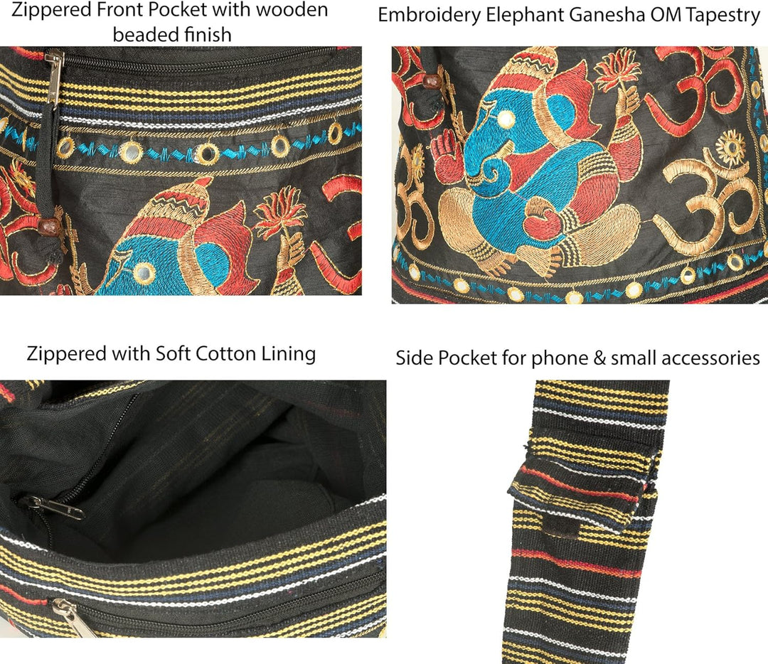 Tribe Azure Fair Trade Damen Hobo OM Schwarz Kreuz Body Schulter Tasche Elefant Bestickt Schule Allt