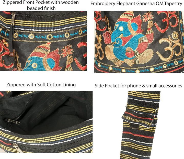 Tribe Azure Fair Trade Damen Hobo OM Schwarz Kreuz Body Schulter Tasche Elefant Bestickt Schule Allt