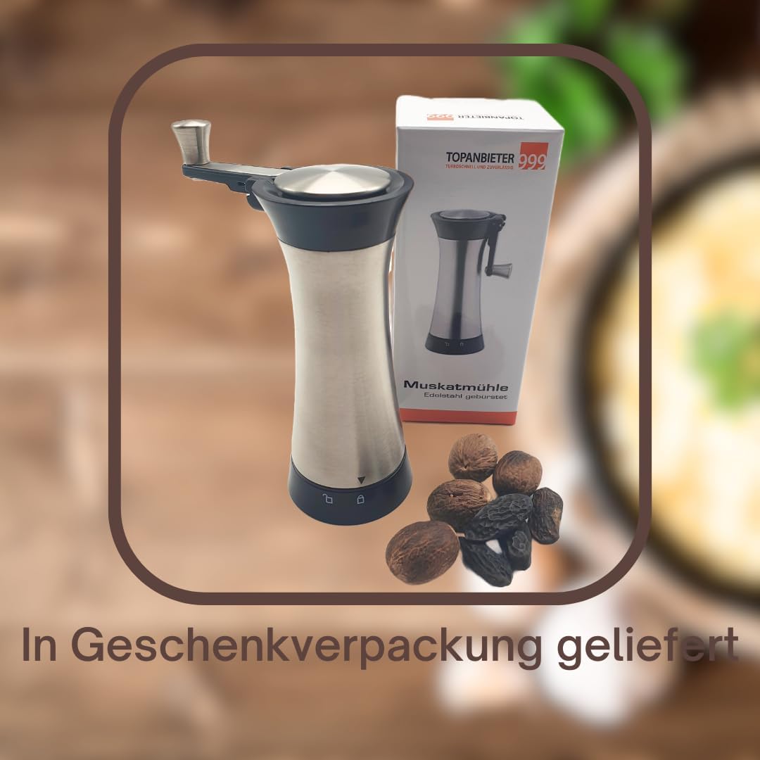 Muskatmühle Gewürzmühle Muskatnussmühle Edelstahl mit Aufbewahrungsbehälter und einklappbarer Kurbel