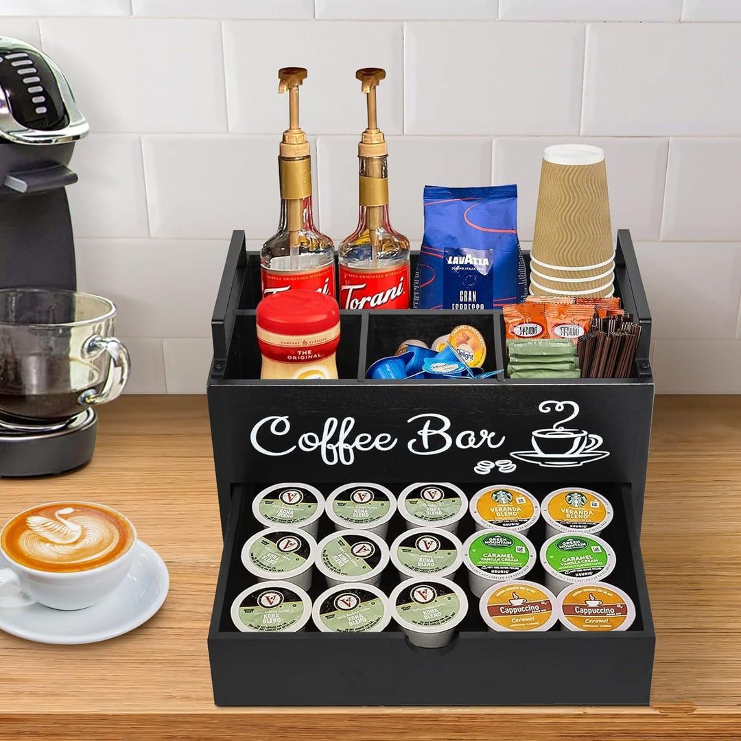 Kaffe Organizer aus Holz, hölzerne Kaffe-Bar-Zubehör-Organisator mit Schublade Landhaus Kaffee-Pods