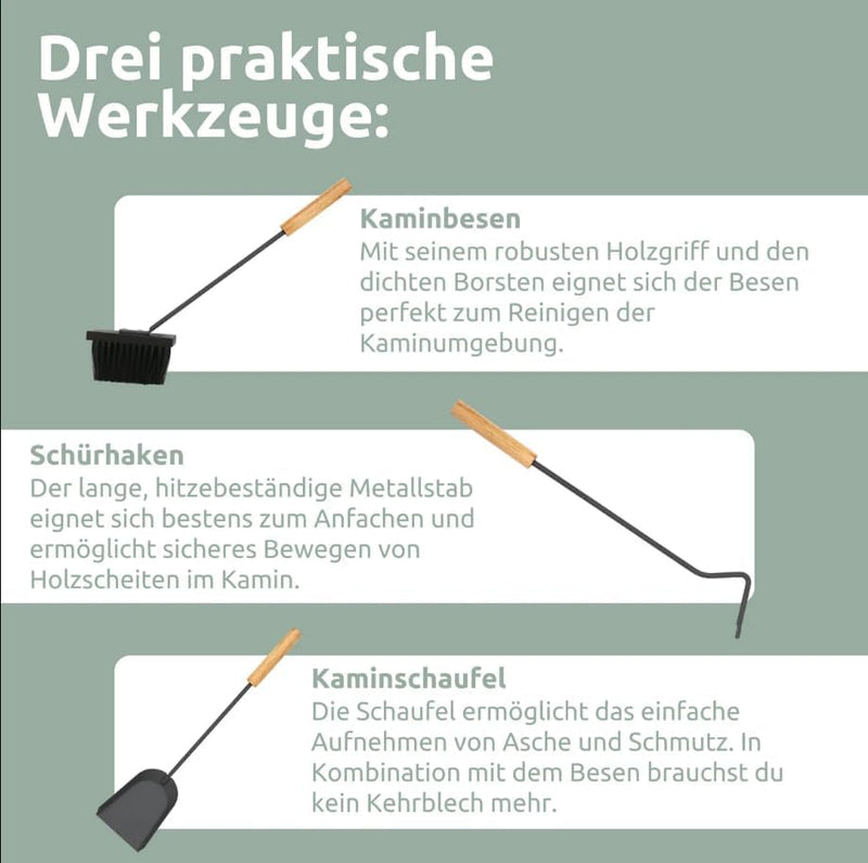 Kaminbesteck 5-tlg. Grauschwarz mit Holzgriff inkl. Ofenhandschuh I Kaminset Kamingarnitur Anthrazit