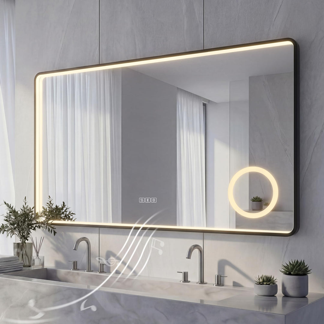 LED Badspiegel mit Aluminiumrahmen & Bluetooth, 5mm Kupferfreier HD Silber-Spiegel, 3 Lichtfarben Di