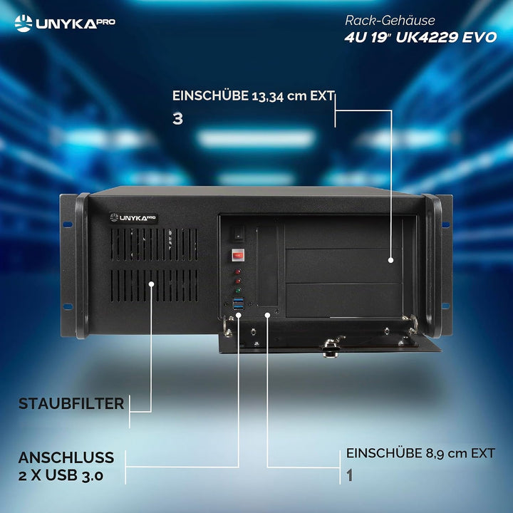 Unykach UK4229 EVO Rack-Gehäuse, Tiefe 480 mm, 2 USB3.0, 1 x 120 mm Lüfter und 2 x 80 mm Lüfter, Sch