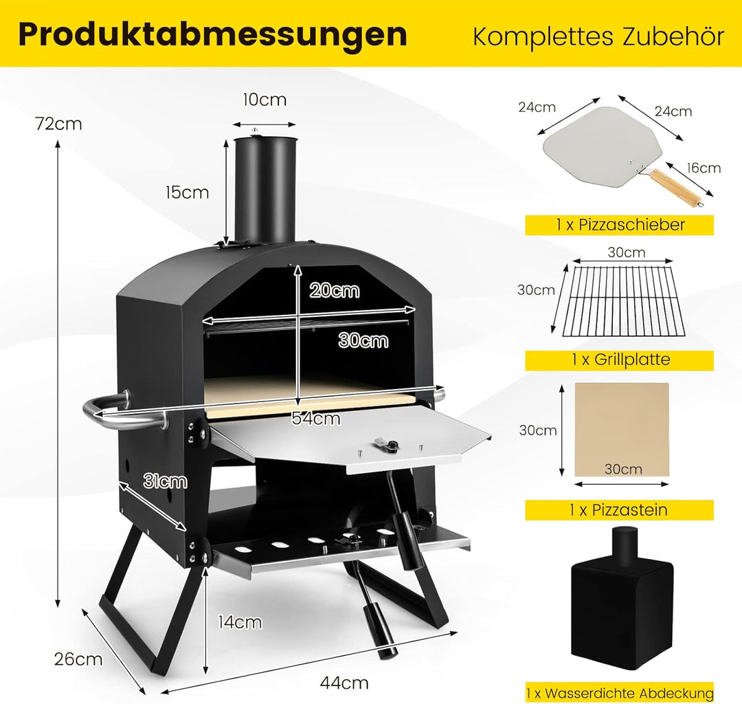COSTWAY Outdoor Pizzaofen, 2-lagigem Pizza Ofen mit Grillrost, Pizzastein, Pizzaschaufel, wasserdich