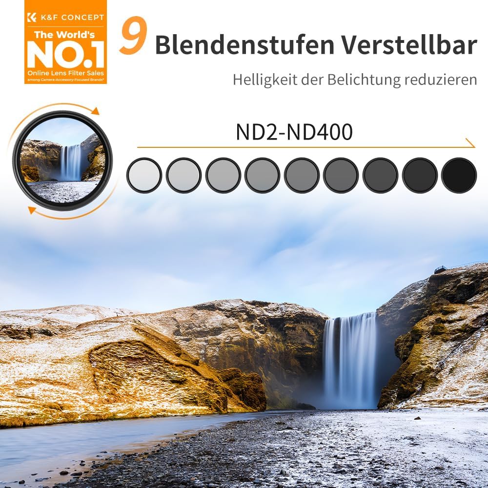 K&F Concept B-Serie 77mm ND Filter Variabler ND2-ND400 (1-9 Stop) Slim Neutral Graufilter, 77mm