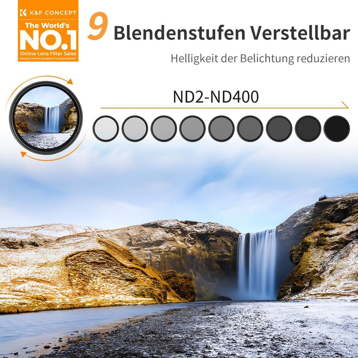 K&F Concept B-Serie 52mm ND Filter Variabler ND2-ND400 (1-9 Stop) Slim Neutral Graufilter, 52mm