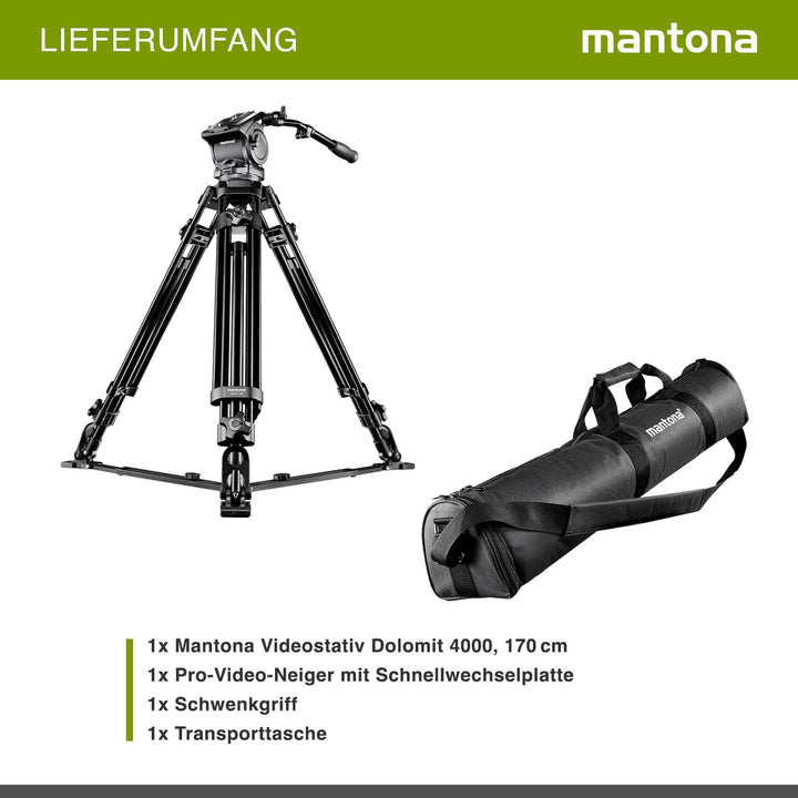 Mantona Dolomit 4000 Videostativ 170 cm (inkl. Fluid-Neiger, Counter Balance System, Wasserwaage, Bo