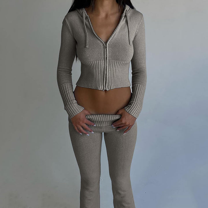 Damen Zweiteiler Hose und Pullover Strick Reissverschluss Up Crop Hoodies Vintage Sweatshirts mit Ka