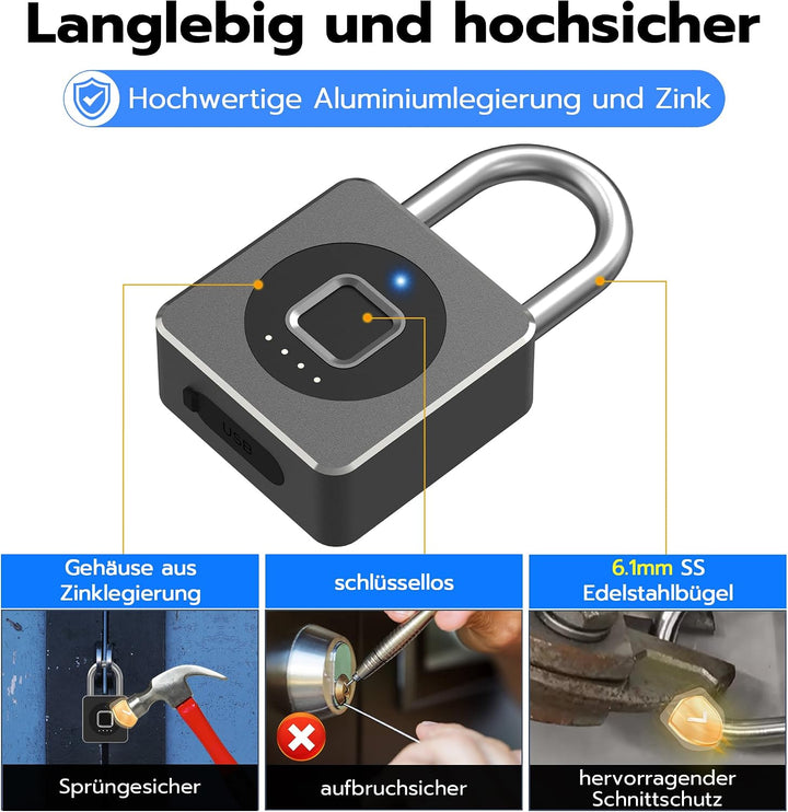 Smart Fingerabdruck Vorhängeschloss mit Bluetooth App – Elektronisches Kombischloss für Fitnessraum,