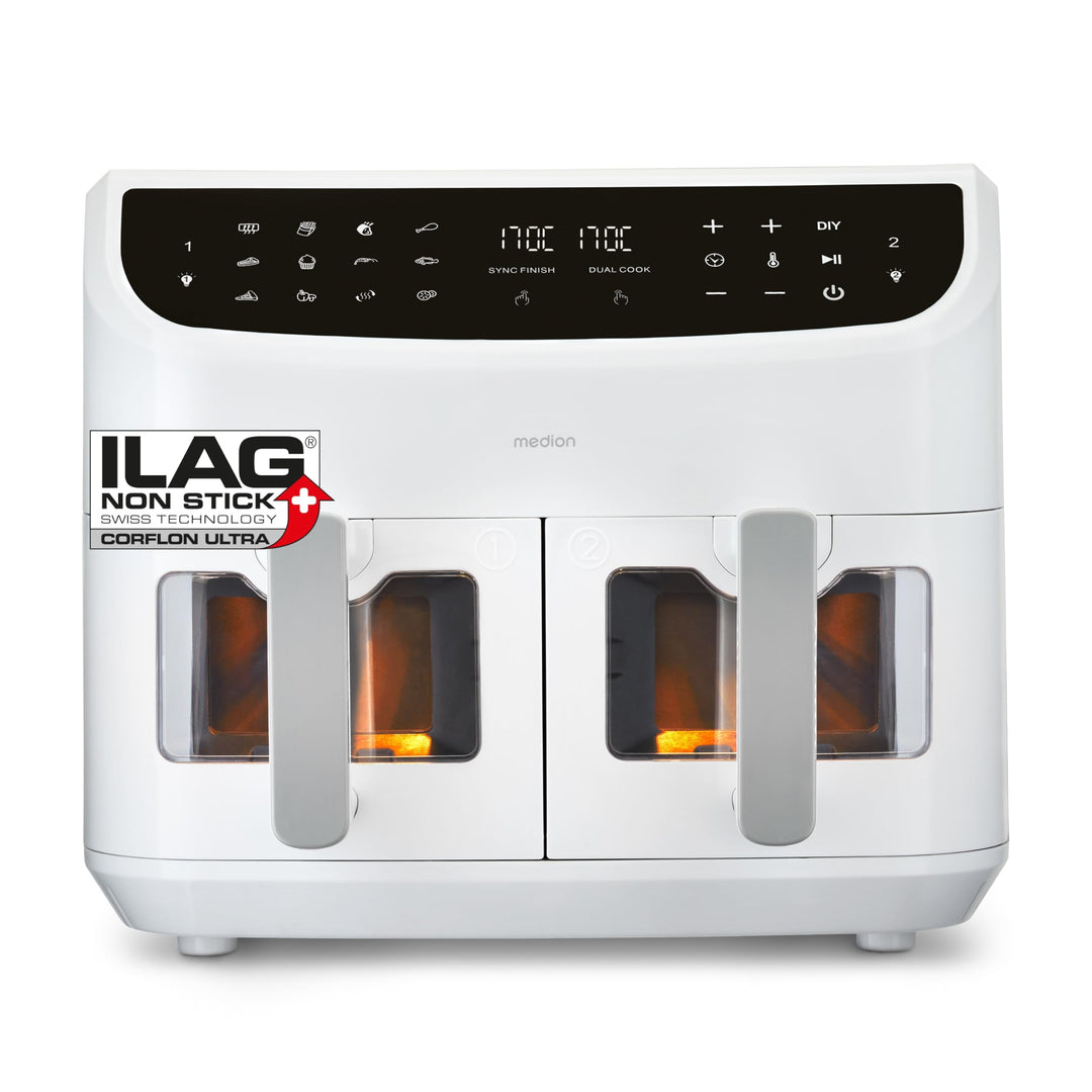 MEDION P20 XXL Heissluftfritteuse mit 2 Kammern (8,7 Liter, Airfryer, 2.600 Watt, Doppelkammer, 10 A