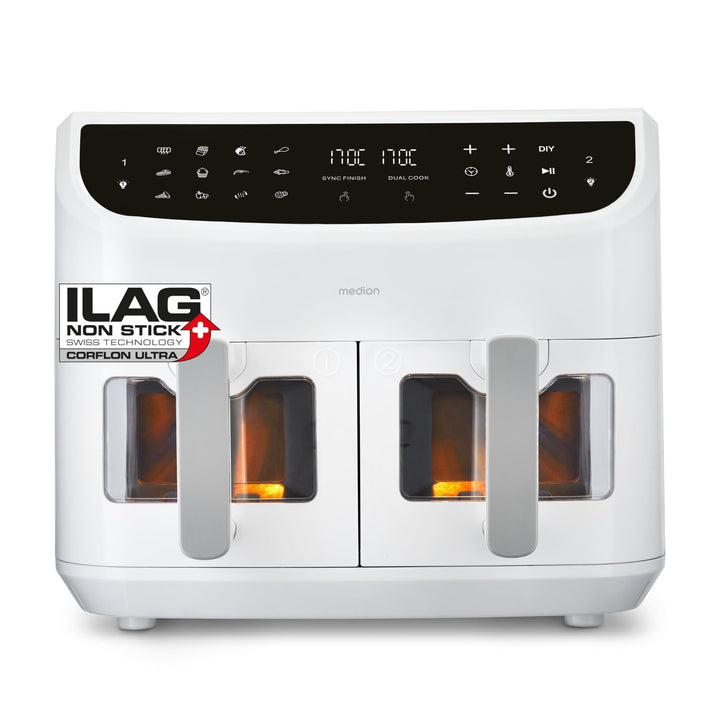MEDION P20 XXL Heissluftfritteuse mit 2 Kammern (8,7 Liter, Airfryer, 2.600 Watt, Doppelkammer, 10 A