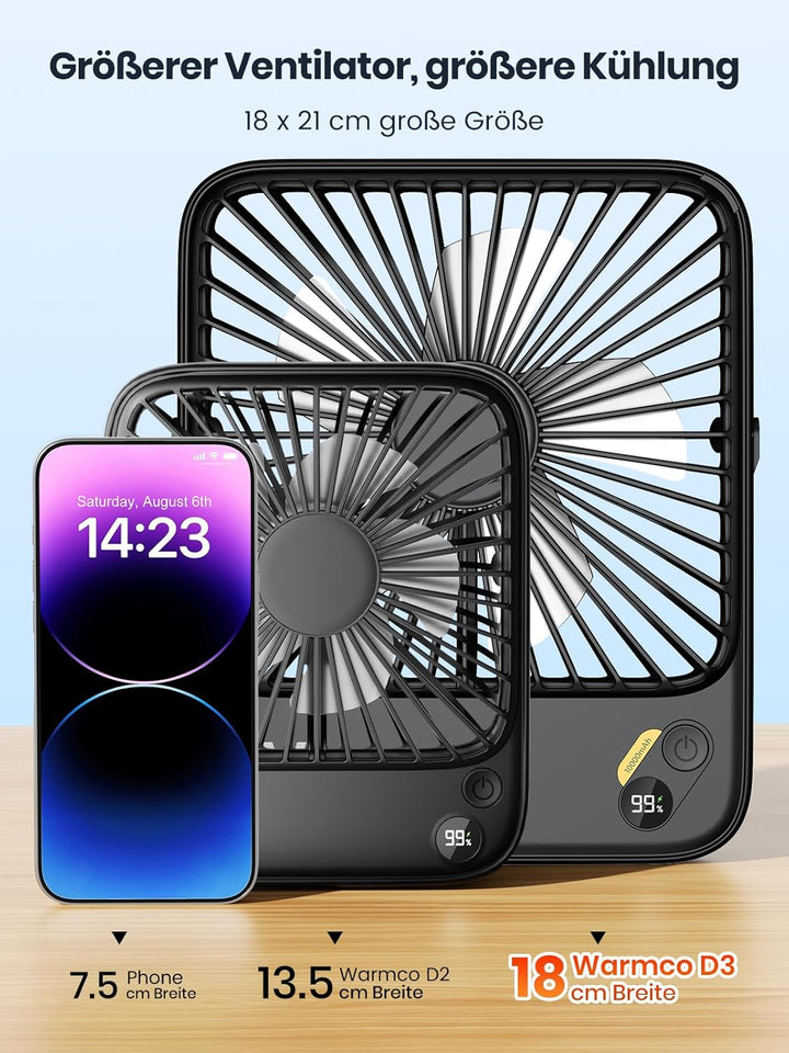 Warmco 10000mAh Tragbarer Akku Ventilator, 21cm Personal Tischventilatoren, Ultra-Leise Ultraflach m