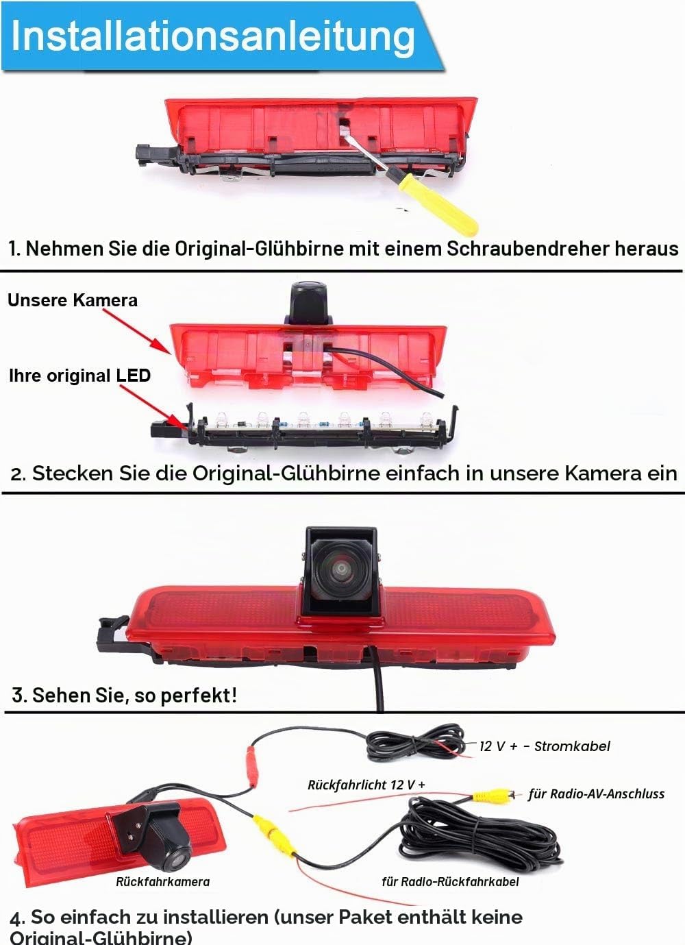 Rückfahrkamera Transporter mit Bremslicht Bremsleuchte, HD Nachtsicht Auto Rückfahrkamera für VW Cad