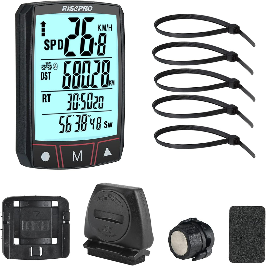 RISEPRO Fahrradcomputer, kabellos, wasserdicht, multifunktional, mit LCD-Display mit Hintergrundbele