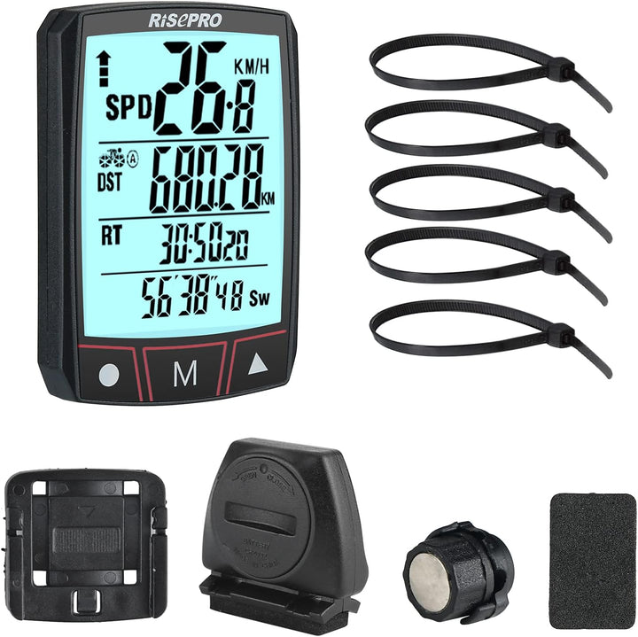 RISEPRO Fahrradcomputer, kabellos, wasserdicht, multifunktional, mit LCD-Display mit Hintergrundbele