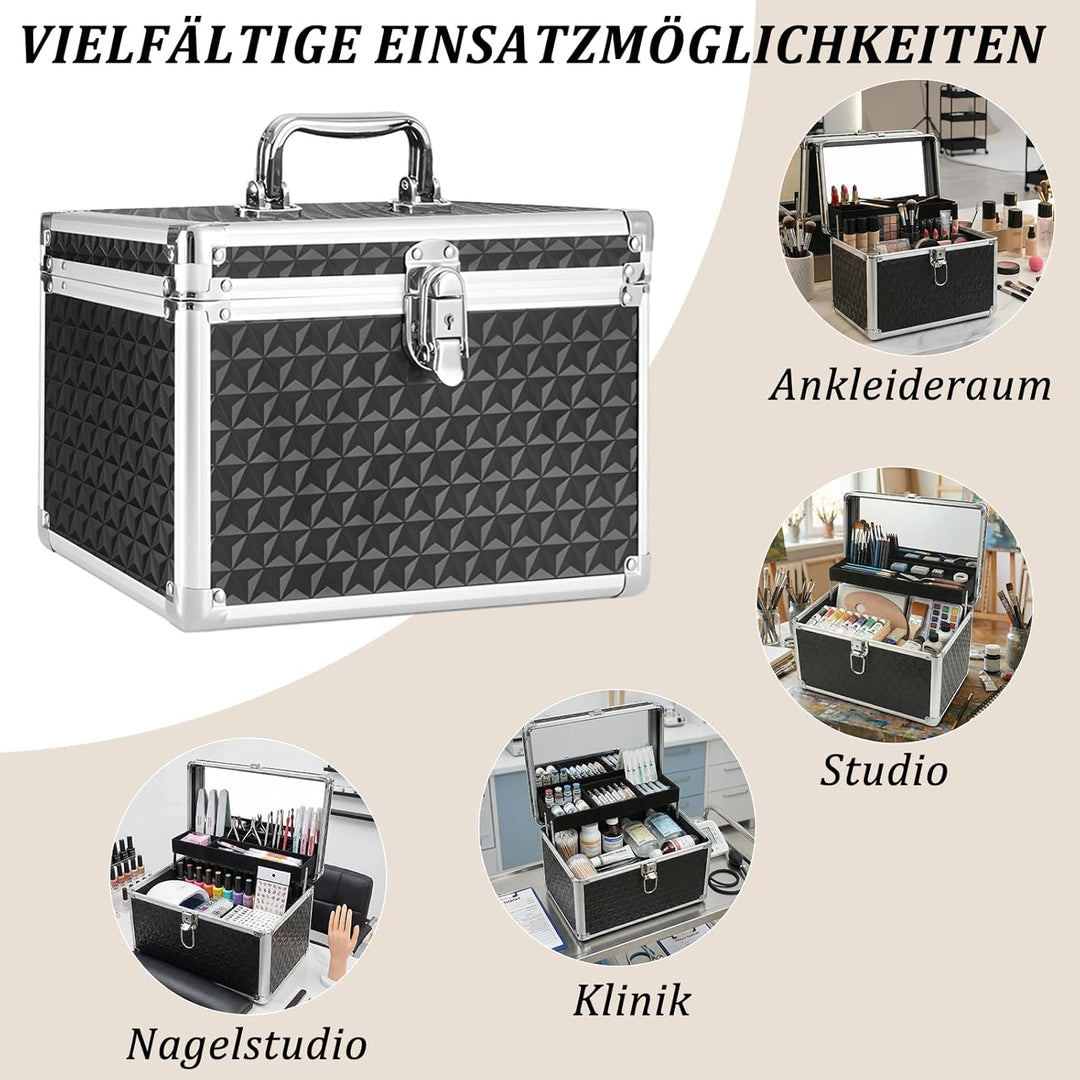 Kosmetikkoffer Hartschale mit Spiegel, Schminkkoffer Leer mit Schloss & Schlüssel, Schwarz Tragbarer