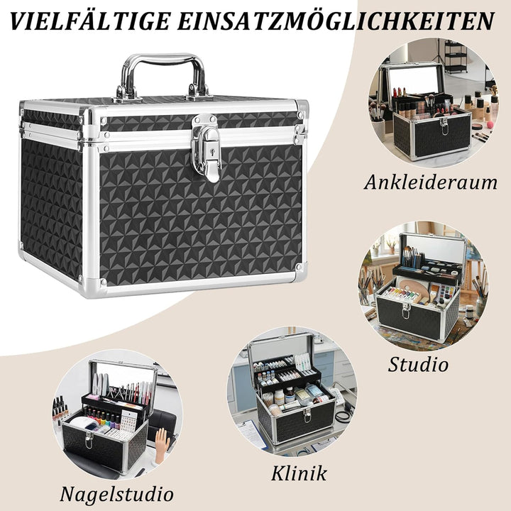 Kosmetikkoffer Hartschale mit Spiegel, Schminkkoffer Leer mit Schloss & Schlüssel, Schwarz Tragbarer