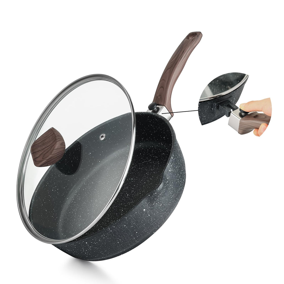 Kordisen Antihaft-Bratpfanne mit Deckel, 28 cm Induktion Sautepfanne mit Abnehmbarem Holzgriff, Gran